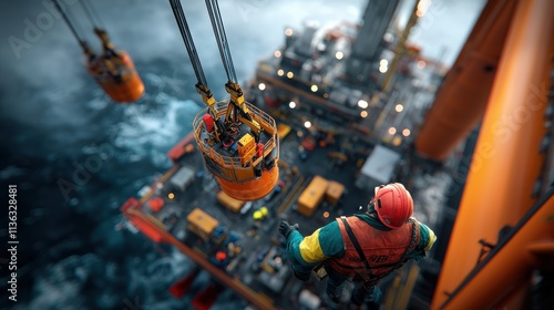 Activity on an Oil Rig with Crane and Workers