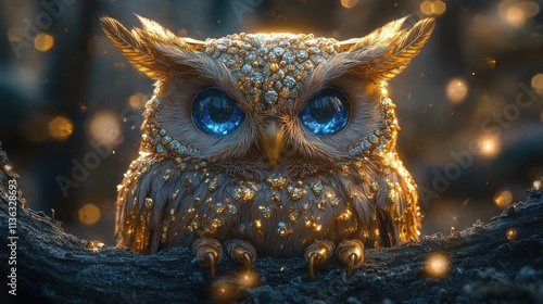 Golden owl with bright blue eyes perched on a branch in a mystical forest. photo