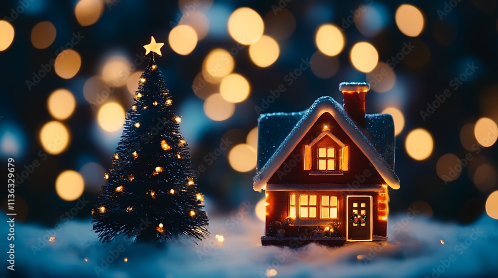 Festive cozy house with a glowing chimney light and a sparkling Christmas tree glowing warmly inside Festive cozy house with a glowing chimney light and a sparkling Christmas tree glowing warmly inside