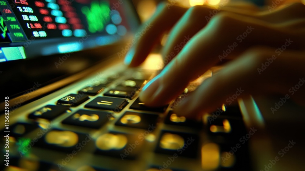 Close-up of fingers typing on a laptop keyboard, US stock market charts reflecting on the screen, symbolizing American commerce Close-up of fingers typing on a laptop keyboard, US stock market charts reflecting on the screen, symbolizing American commerce