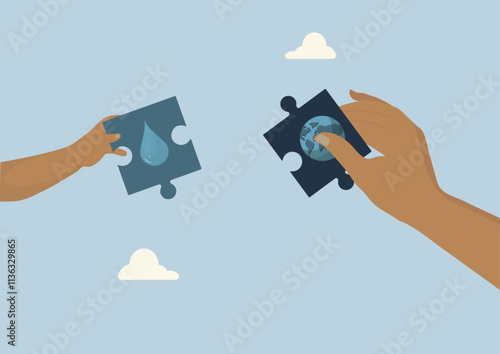 Connecting Water and Planet for a Sustainable Future. hands holding puzzle pieces, one with a water droplet and the other with the Earth, symbolizing the interconnectedness of water and our planet.