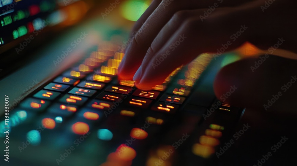 Close-up of fingers typing on a laptop keyboard, US stock market charts reflecting on the screen, symbolizing American commerce Close-up of fingers typing on a laptop keyboard, US stock market charts reflecting on the screen, symbolizing American commerce