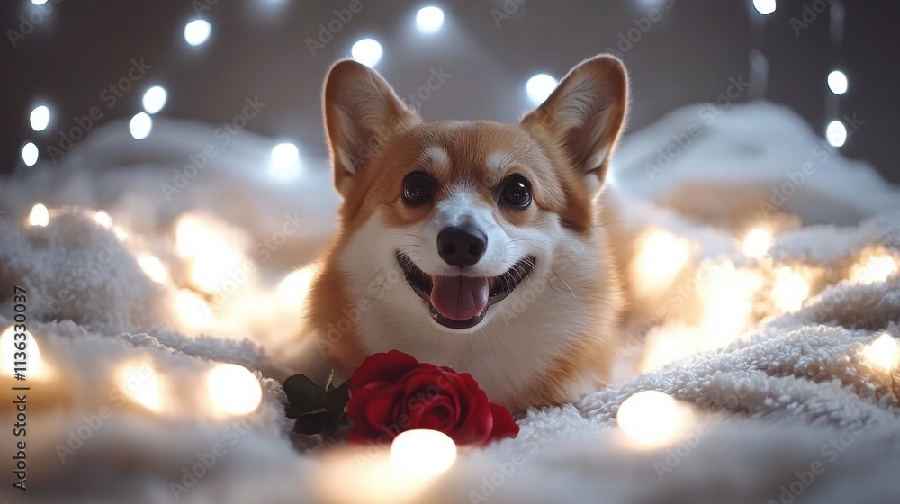 Happy Corgi Puppy with Red Rose in Cozy Lights Happy Corgi Puppy with Red Rose in Cozy Lights