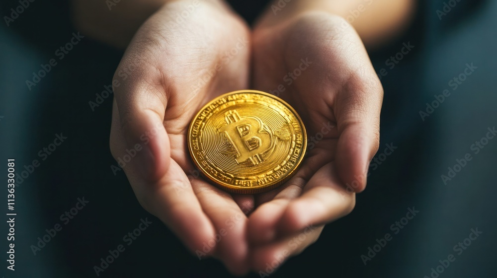 Fototapeta premium Close-up of hands holding a gold coin with Asian characters, symbolizing investment and prosperity in business deals