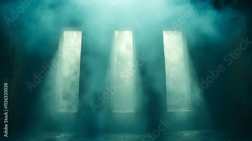 Wallpaper Mural Mysterious teal room with three light beams piercing through smoky air. Torontodigital.ca