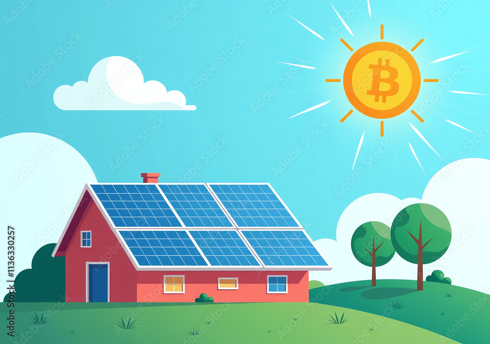 Naklejka premium solar panels reduce bitcoin energy consumption design featuring sun icon colorful vector illustration blue white background