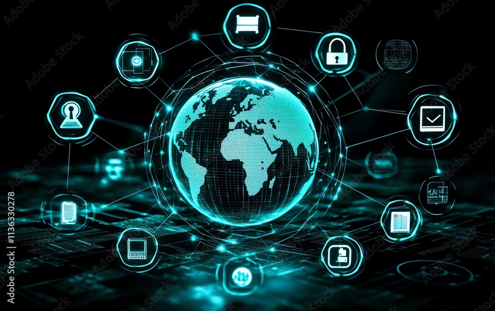 3D digital globe surrounded by cybersecurity icons, blockchain symbols, and data encryption elements, representing global internet security on a dark background 3D digital globe surrounded by cybersecurity icons, blockchain symbols, and data encryption elements, representing global internet security on a dark background
