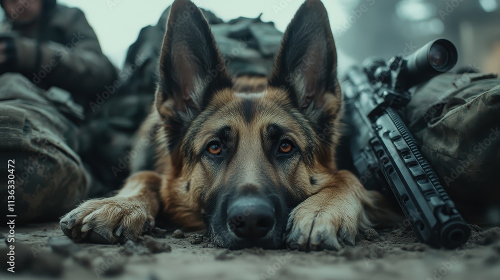 A German Shepherd with an attentive gaze lying near a soldier and firearm, holding a vigilant position, capturing readiness and loyalty in challenging conditions. A German Shepherd with an attentive gaze lying near a soldier and firearm, holding a vigilant position, capturing readiness and loyalty in challenging conditions.