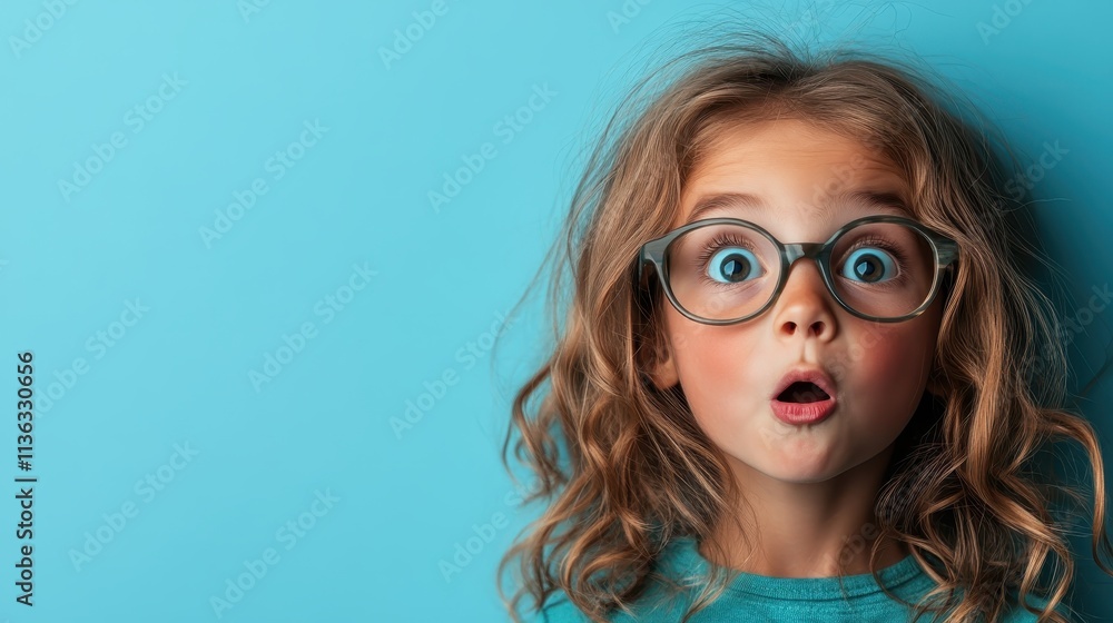 A child with broad glasses and wide eyes displays an expression of surprise, captured dramatically against a vivid blue background, evoking curiosity and wonder. A child with broad glasses and wide eyes displays an expression of surprise, captured dramatically against a vivid blue background, evoking curiosity and wonder.