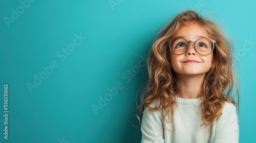 A young child with voluminous hair and large round glasses looks upwards with an expression of wonder while standing against a bright blue backdrop. photo