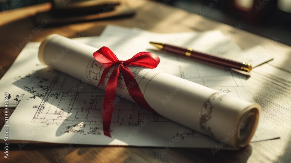 Close-up of rolled architectural plans tied with red silk ribbon, resting on a desk with Asian calligraphy pen Close-up of rolled architectural plans tied with red silk ribbon, resting on a desk with Asian calligraphy pen