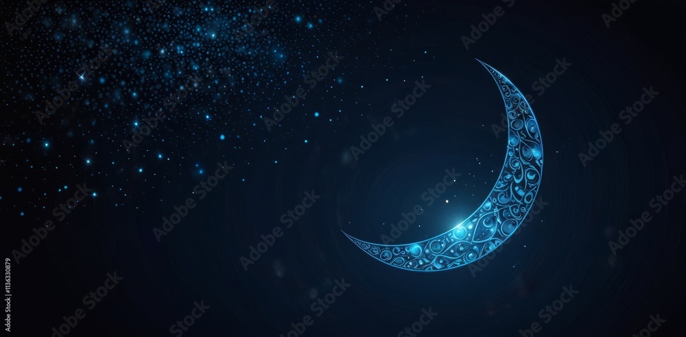 Fototapeta premium Dark blue background Ramadan Kareem background banner. Islamic Greeting Cards for Muslim Holidays and Ramadan. banner with moon and stars.