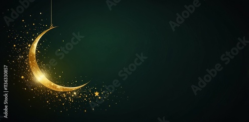 Dark green background Ramadan Kareem background banner. Islamic Greeting Cards for Muslim Holidays and Ramadan. banner with moon and stars.