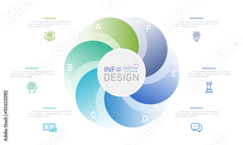 Infographic format Pie chart divided into 6 sections. Chart for presentations. Vector illustration