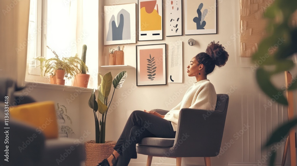 Fototapeta premium Counseling room for mental health support, soft furnishings, motivational posters, a therapist listening attentively
