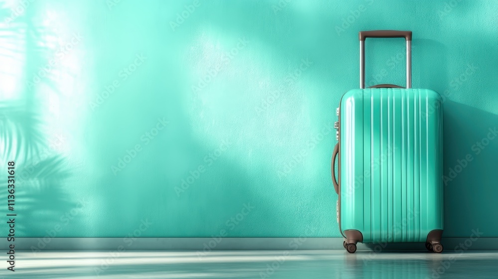 A turquoise suitcase leans against a brightly lit aqua wall, casting dynamic shadows and exuding feelings of anticipation and modern style in sunlight's glow. A turquoise suitcase leans against a brightly lit aqua wall, casting dynamic shadows and exuding feelings of anticipation and modern style in sunlight's glow.