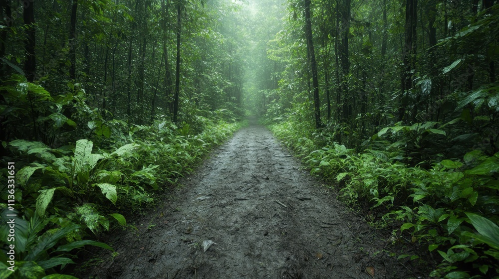 A rustic, mud-covered path meanders through dense, lush green forest foliage, representing nature's raw beauty and the call for exploring uncharted wilderness adventures. A rustic, mud-covered path meanders through dense, lush green forest foliage, representing nature's raw beauty and the call for exploring uncharted wilderness adventures.