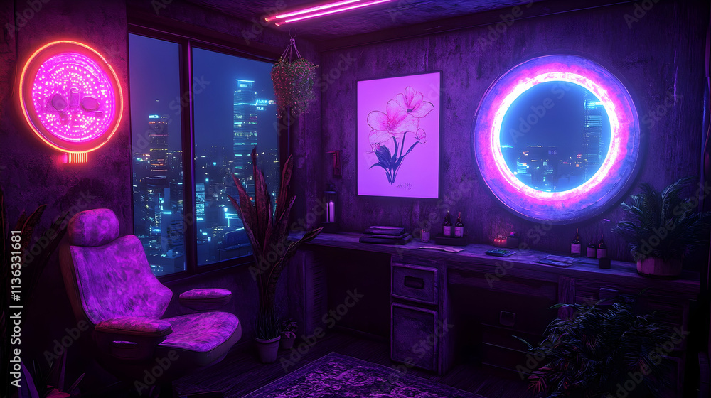 Neon-lit city view from a stylish, dimly lit room. Neon-lit city view from a stylish, dimly lit room.