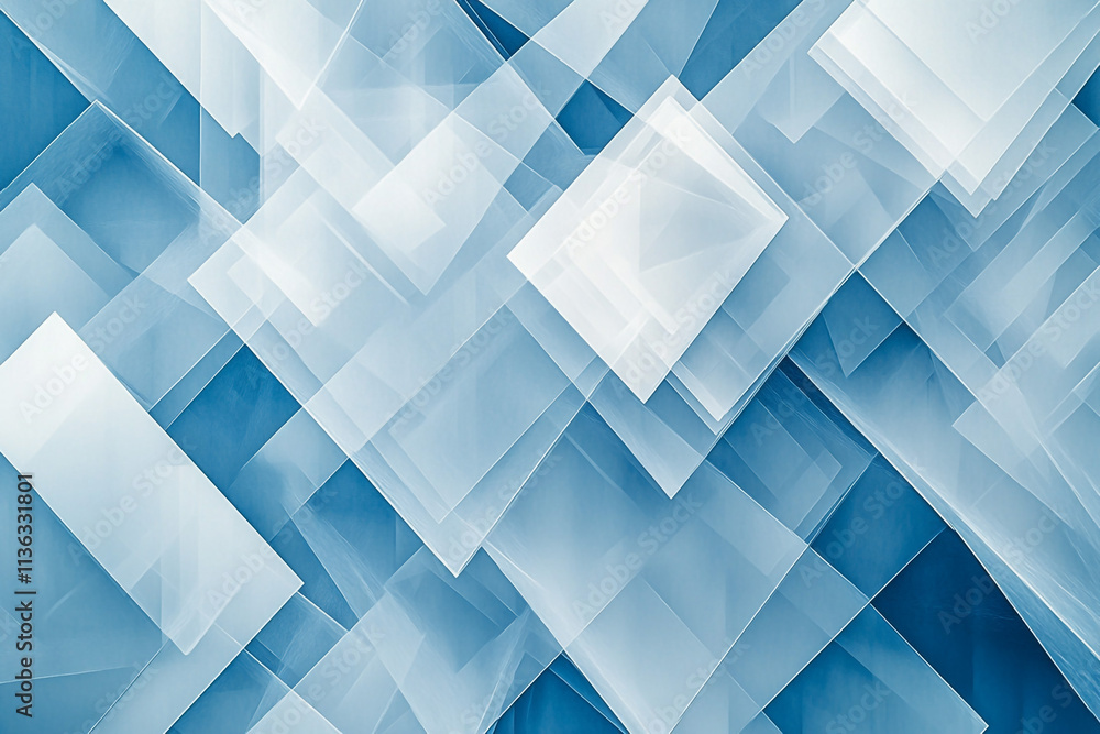 Fototapeta premium A modern abstract blue background with layered textures of white transparent materials arranged in a dynamic geometric pattern of triangles, diamonds, and squares