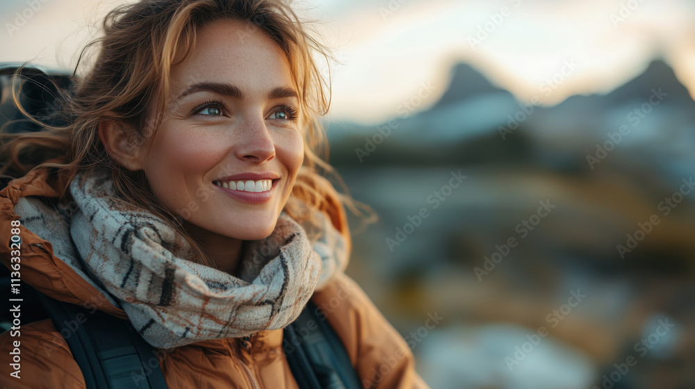 A joyful woman in a warm jacket and scarf smiles while exploring the breathtaking mountain landscapes during a picturesque sunset. Perfectly capturing the spirit of adventure, relaxation, and nature. A joyful woman in a warm jacket and scarf smiles while exploring the breathtaking mountain landscapes during a picturesque sunset. Perfectly capturing the spirit of adventure, relaxation, and nature.