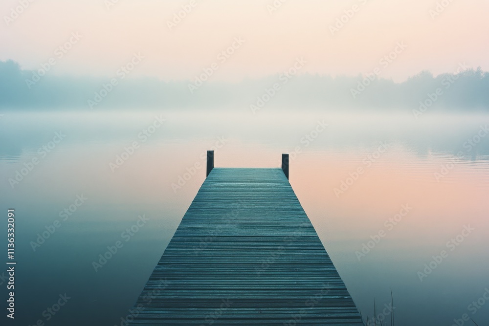 Obraz premium A serene morning mist envelops a wooden pier jutting into a calm lake, creating a peaceful and tranquil atmosphere at dawn.