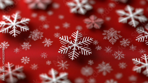 Snowflakes on a vibrant red background creating a festive winter atmosphere and showcasing nature's beauty