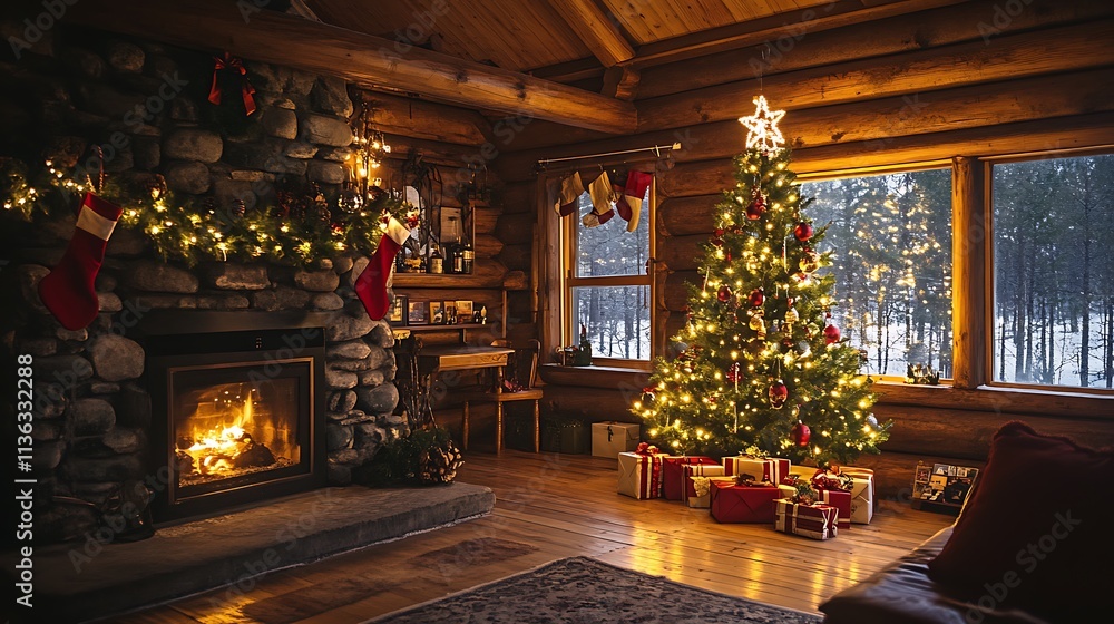 Rustic winter cabin with a chimney and glowing light featuring a beautifully decorated Christmas tree inside Rustic winter cabin with a chimney and glowing light featuring a beautifully decorated Christmas tree inside