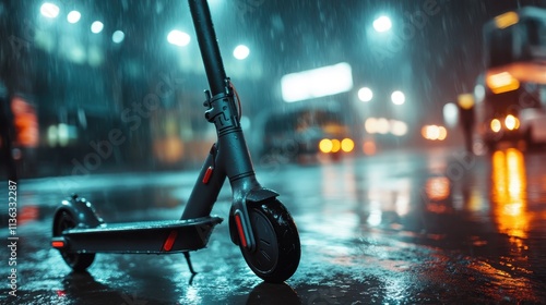 An electric scooter stands motionless on a wet street at night amid glowing city lights and rain, capturing a modern urban atmosphere enhanced by elements of quiet solitude.
