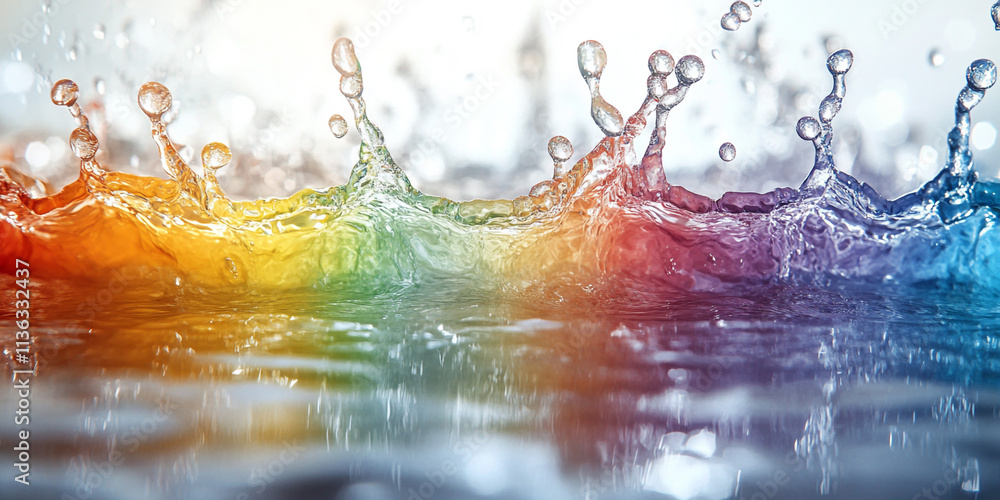 A powerful burst of rainbow liquid as it meets clear water, with each droplet and splash creating intricate, colorful patterns in a visually stunning, ultra HD scene A powerful burst of rainbow liquid as it meets clear water, with each droplet and splash creating intricate, colorful patterns in a visually stunning, ultra HD scene