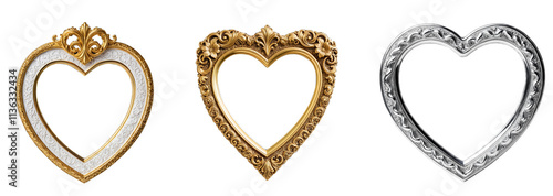 Set of gold heart frames with intricate scrollwork on a transparent background