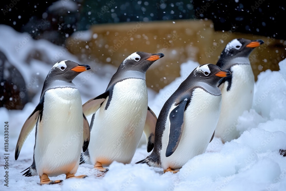 Fototapeta premium Gentoo penguins waddle along an icy coast surrounded by snow and icebergs