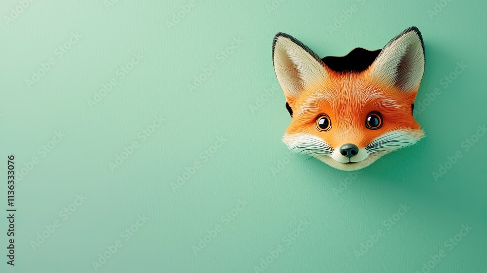 Obraz premium Cute orange fox peeking through a hole in a pastel green cartoon background. An animal sticks its head out of a hole. Colorful and creative background with copy space.