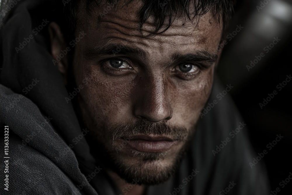 Portrait of a homeless man reflecting on life with a deep and thoughtful expression Portrait of a homeless man reflecting on life with a deep and thoughtful expression