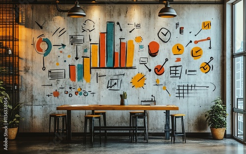 Wallpaper Mural Dynamic and colorful business idea sketches on a concrete wall, modern flow of creative thoughts, abstract symbols, and bright colors in a minimalist office Torontodigital.ca