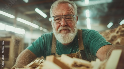 An experienced craftsman with safety goggles, bushy beard, and rugged apron works on wood projects, conveying commitment and mastery in his trade. photo