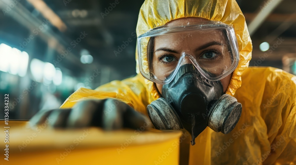 Scientist wearing full protective gear, including a mask and goggles, closely inspects a yellow barrel in an industrial setting, ensuring safety and compliance. Scientist wearing full protective gear, including a mask and goggles, closely inspects a yellow barrel in an industrial setting, ensuring safety and compliance.