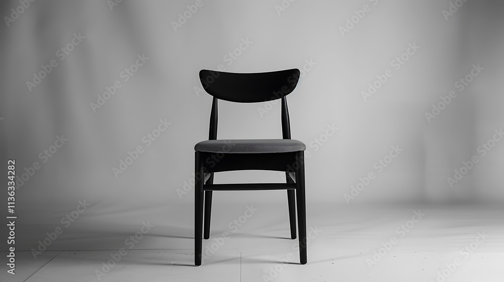 Fototapeta premium Minimalist black dining chair with padded seat, displayed on a clean white background.