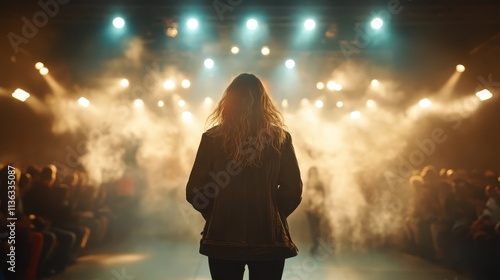 A silhouette of a person standing on stage amidst mystical lighting and smoke, capturing the essence of performance, anticipation, and atmospheric drama.