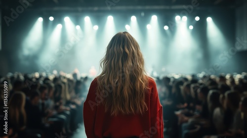 The silhouette of a performer viewed from behind, standing in front of an audience with stage lights casting a dramatic glow, illustrating performance night excitement. photo