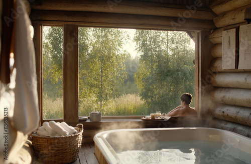 Traditional Russian banya with a person being lightly massaged with birch branches. photo