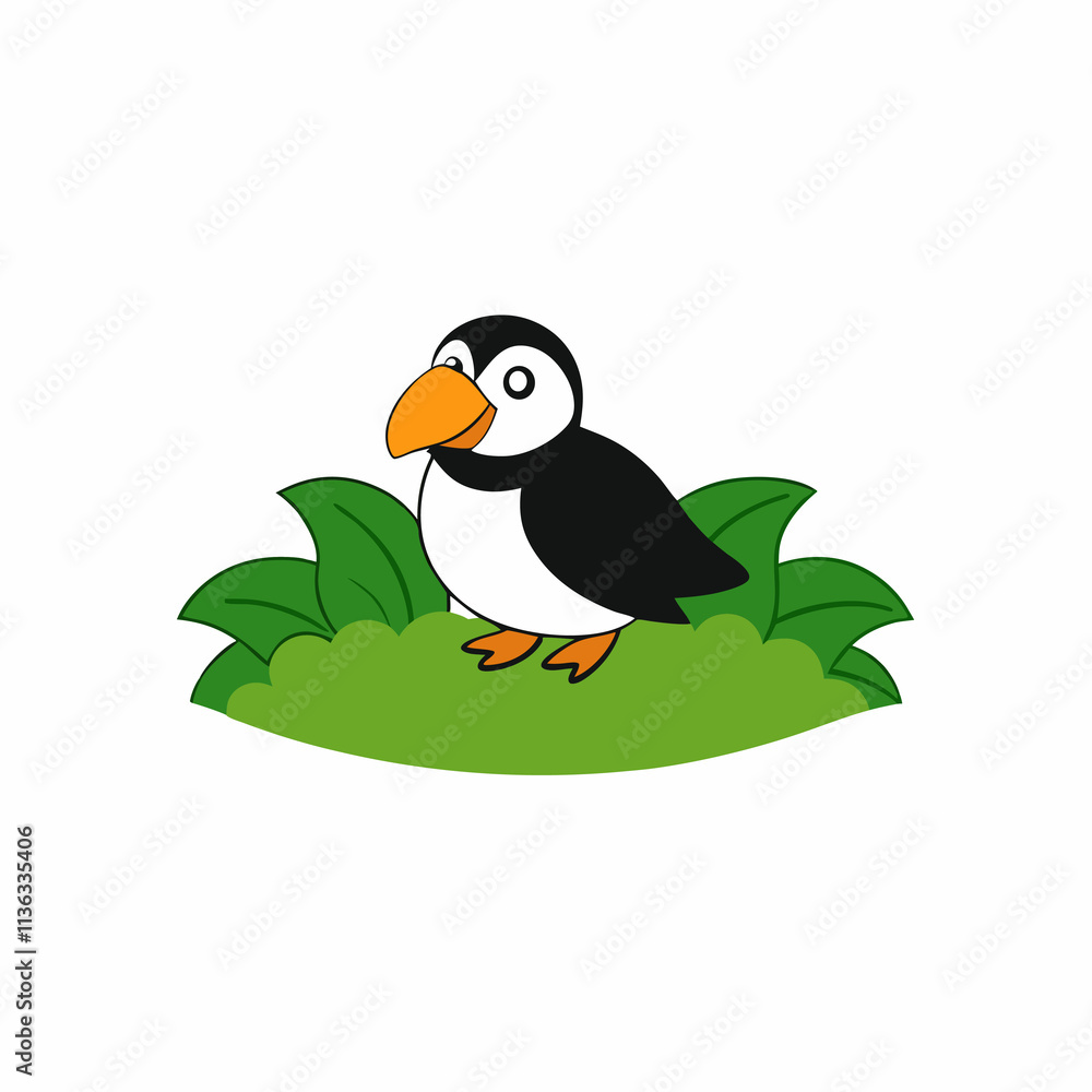 Fototapeta premium A image of a puffin in a jungle cartoon vector illustration