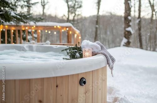 Cozy winter retreat in a snowy wooden hot tub
 photo