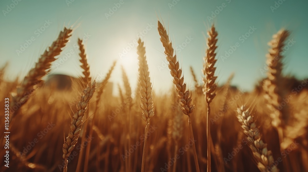 Fototapeta premium A tranquil scene of golden wheat stands tall in a field, swaying gently with the breeze under a clear sky, reflecting tranquility and the abundance of nature's harvest.