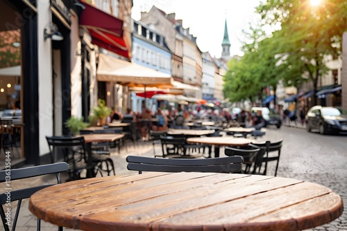 Fototapeta Naklejka Na Ścianę i Meble -  Empty cozy outdoor table cafe terrace with copy space.