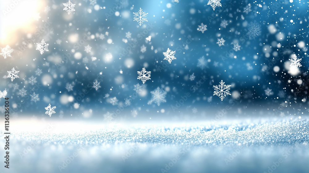 Snowflakes falling gently on a winter landscape with sparkling snow and a serene blue background Snowflakes falling gently on a winter landscape with sparkling snow and a serene blue background