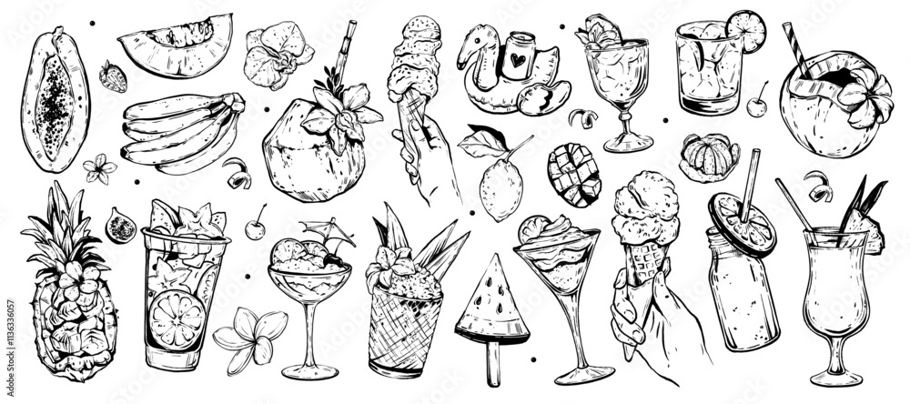 Summer exotic cocktail set, vector hand drawn doodle tropical dessert, ice cream sorbet fresh fruit. Vacation refreshment beverages, jungle beach dessert, cold lemonade glass, coconut. Summer cocktail Summer exotic cocktail set, vector hand drawn doodle tropical dessert, ice cream sorbet fresh fruit. Vacation refreshment beverages, jungle beach dessert, cold lemonade glass, coconut. Summer cocktail