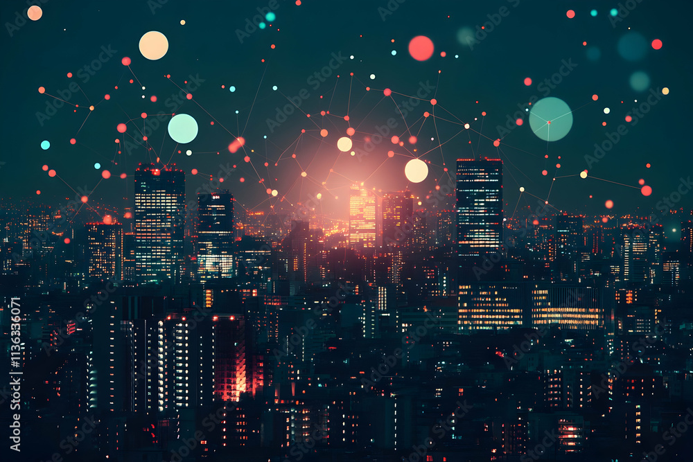 Fototapeta premium Night cityscape with network connections.