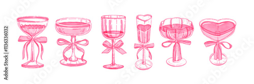 Valentine day coquettish cocktail set, vector watercolor wine glass illustration, pink girly drinks. Love potion alcohol beverages, wedding romantic design, ribbon bow, heart. Valentine cocktail icon