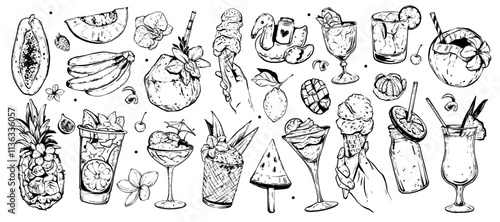 Summer exotic cocktail set, vector hand drawn doodle tropical dessert, ice cream sorbet fresh fruit. Vacation refreshment beverages, jungle beach dessert, cold lemonade glass, coconut. Summer cocktail