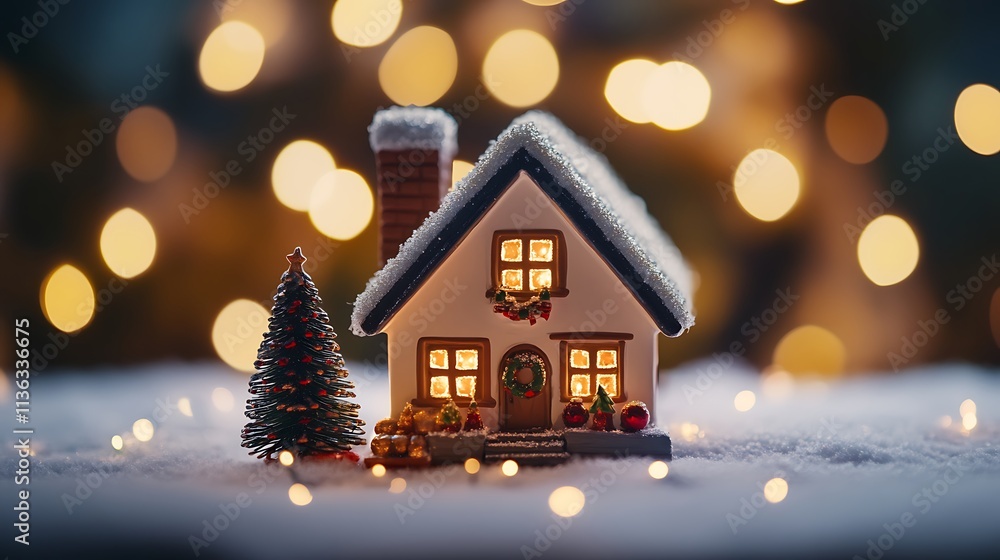 Winter cozy house with a chimney glowing brightly featuring a festive decorated Christmas tree inside Winter cozy house with a chimney glowing brightly featuring a festive decorated Christmas tree inside